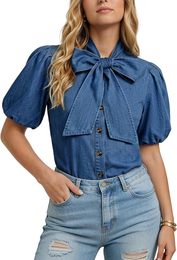 Denim Shirt Women Button Down Short Puff Sleeve Denim Top Bow Tie Neck Work Blouses Casual Jean S... | Amazon (US)