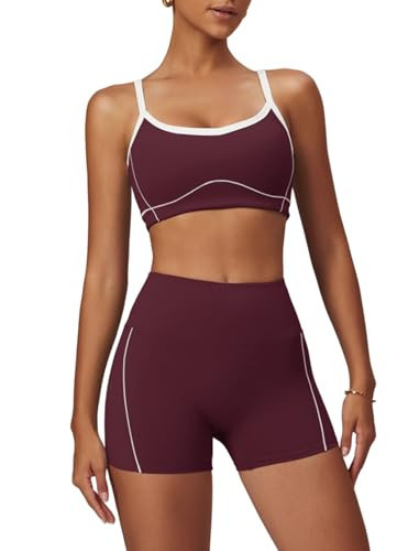 QBGJTD Two Piece Workout Sets for Women Cami Straps Color Block Back Sports Bra Matching High Waist Booty Lifting Biker Shorts 2 Piece Gym Yoga Active Wear Outfits Womens Athletic Work Out Burgundy M | Amazon (US)