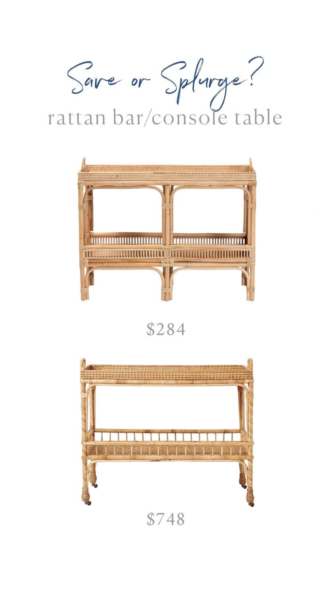 Save or Splurge?
Rattan bar cart / console table
The splurge option is currently 20% off!

#LTKSaleAlert #LTKHome