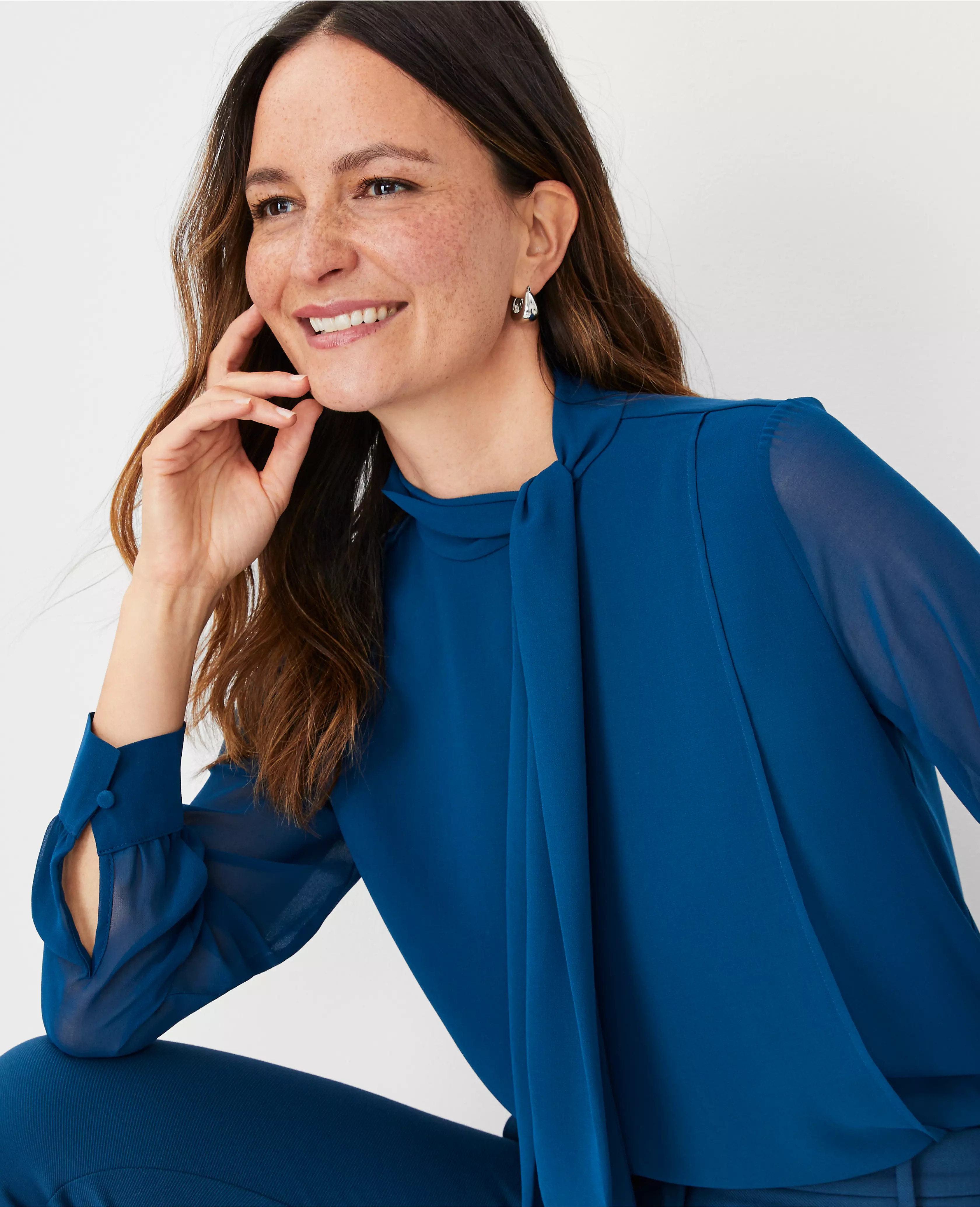 Mixed Media Tie Neck Top | Ann Taylor (US)