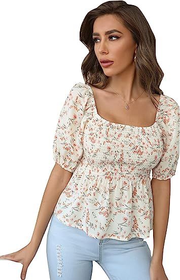 SOLY HUX Women's Ditsy Floral Puff Short Sleeve Square Neck Shirred Ruffle Blouse Top | Amazon (US)