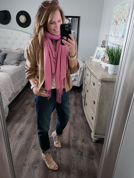 Lightweight jacket styled with tank, dusty rose scarf, girlfriend jeans and taupe booties. 

Casual weekend dinner outfit, date night, jeans, boots, winter, sale, casual outfit, business casual, fashion over 40, amazing finds

#LTKsalealert #LTKshoecrush #LTKunder50