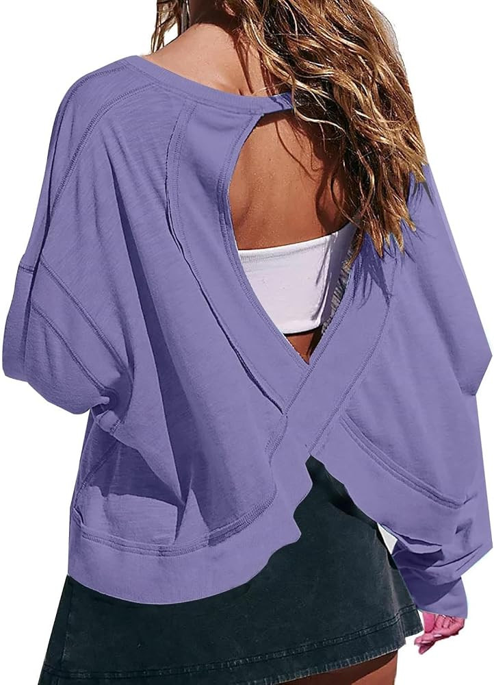 Women Long Sleeve Workout Shirts Open Back Tops Casual Yoga Y2k Athletic Gym Slouchy Backless Crop Running Tees | Amazon (US)