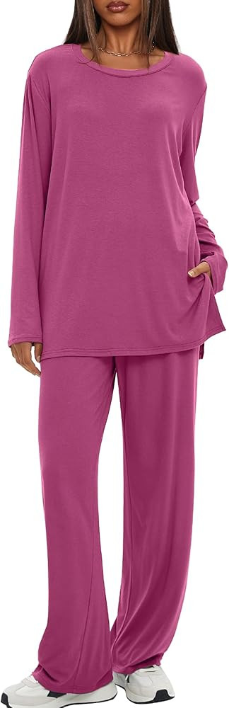 Darong Women's 2 Piece Lounge Set Casual Long Sleeve Crew Neck Tops Wide Leg Pants Travel Airport... | Amazon (US)
