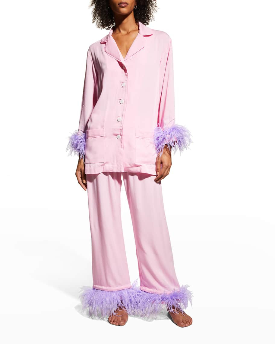 Party Pajama Set w/ Double Feather Trim | Neiman Marcus
