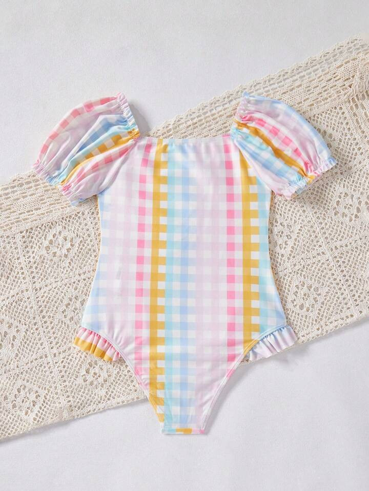 SHEIN Tween Girl Casual Colorful Plaid Short Sleeve One-Piece Swimsuit For Spring And Summer | SHEIN