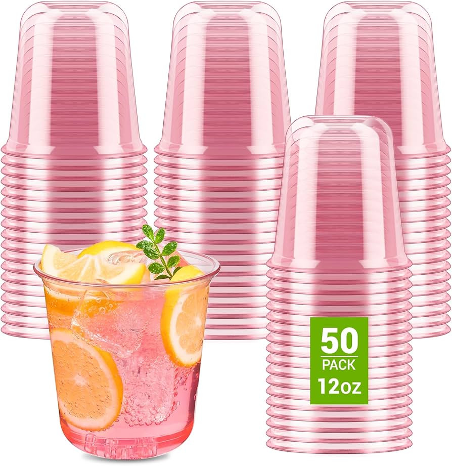 Soelomu 12 oz Pink Plastic Cups, 50 Pcs Disposable Stemless Wine Glasses Cocktail Party Cups for ... | Amazon (US)