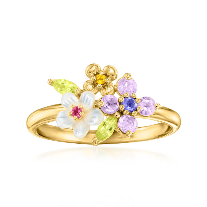 Mother-of-Pearl and .43 ct. t.w. Multi-Gemstone Flower Ring in 18kt Gold Over Sterling | Ross-Simons