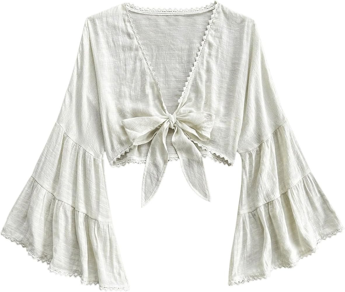 Women's Tie Bow Front Cardigan Long Bell Sleeve Blouse Crop Top Shirt Casual Deep V Neck Top | Amazon (US)