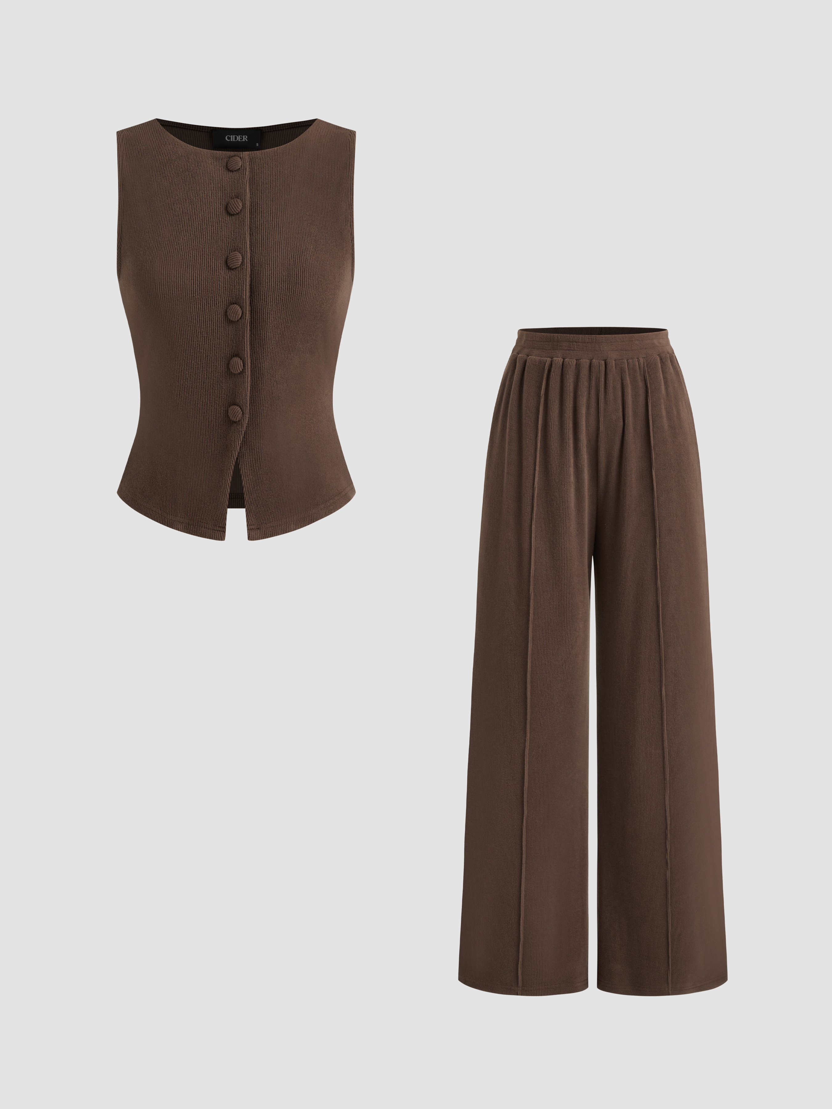 Knit Fabric Boat Neck Waistcoat & Mid Rise Elastic Waist Wide Leg Trousers Set For Work | Cider