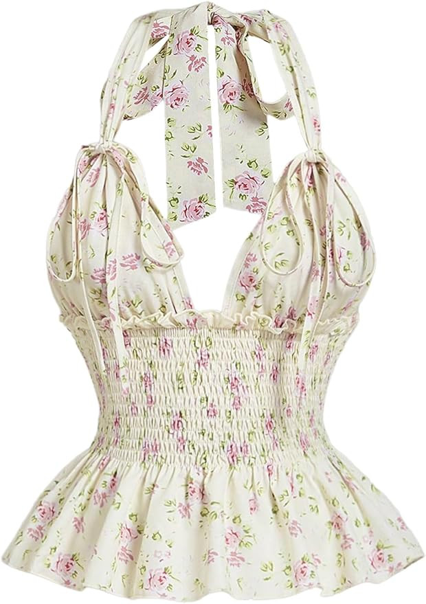OYOANGLE Women's Boho Floral Print Tie Backless Halter Cami Tops Sleeveless Shirred Ruffle Peplum... | Amazon (US)