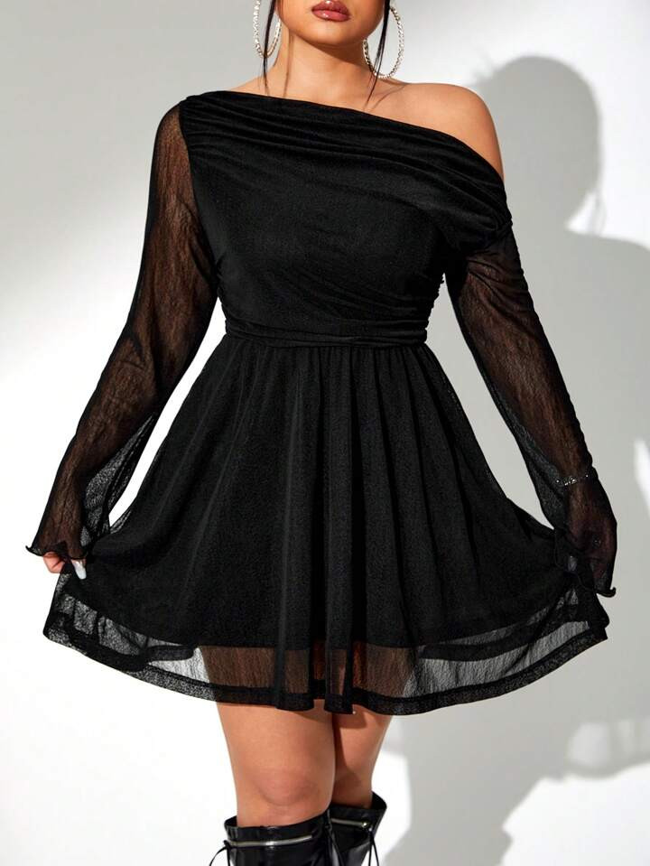 SHEIN ICON Plus Ruched Asymmetrical Shoulder Flare Hem Dress | SHEIN