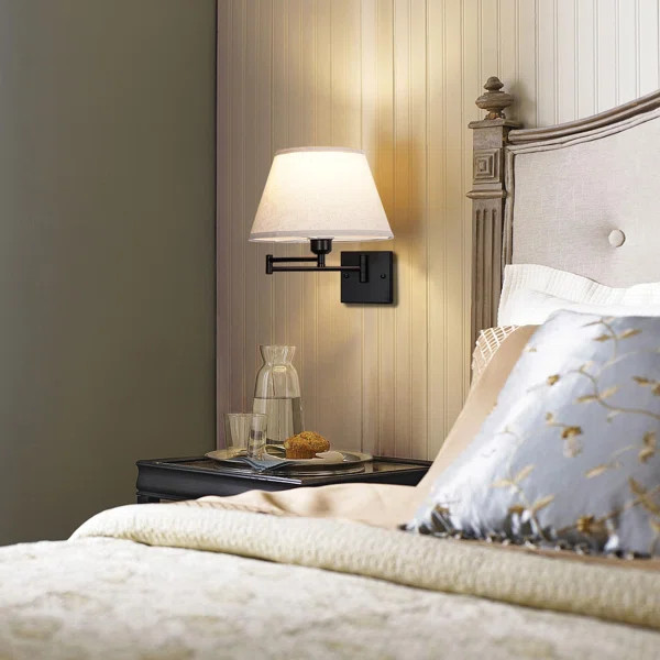 Fleurance Battery Opperated White Linen Shade Dimmable Swing Arm Sconce | Wayfair North America