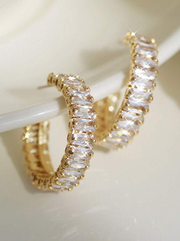 1pair Glamorous Cubic Zirconia Decor Cuff Hoop Earrings For Women For Wedding Party | SHEIN