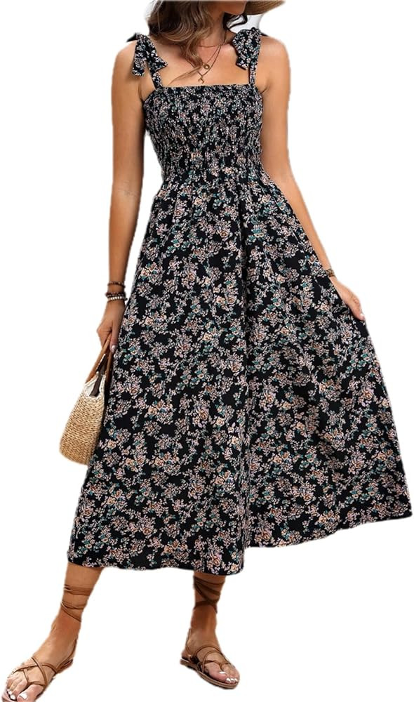 MakeMeChic Women's Summer Boho Dress Casual Floral Print Spaghetti Strap Square Neck Long Maxi Dr... | Amazon (US)