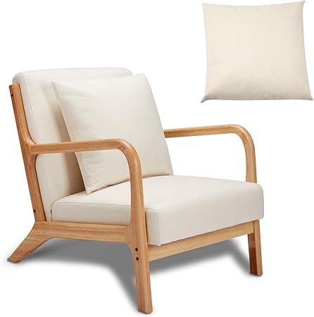 Esright Mid Century Accent Chair Wooden Modern Living Room Fabric Arm Chair, White Accent Chair w... | Amazon (US)