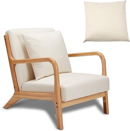 Esright Mid Century Accent Chair Wooden Modern Living Room Fabric Arm Chair, White Accent Chair w... | Amazon (US)