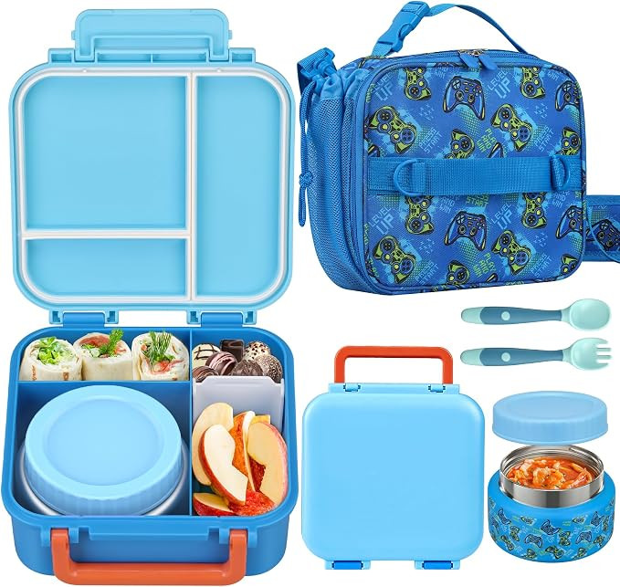 Kids Lunch Box Set with Bento Box, 9oz Stainless Steel Thermos & Insulated Lunch Bag – Hot & Co... | Amazon (US)