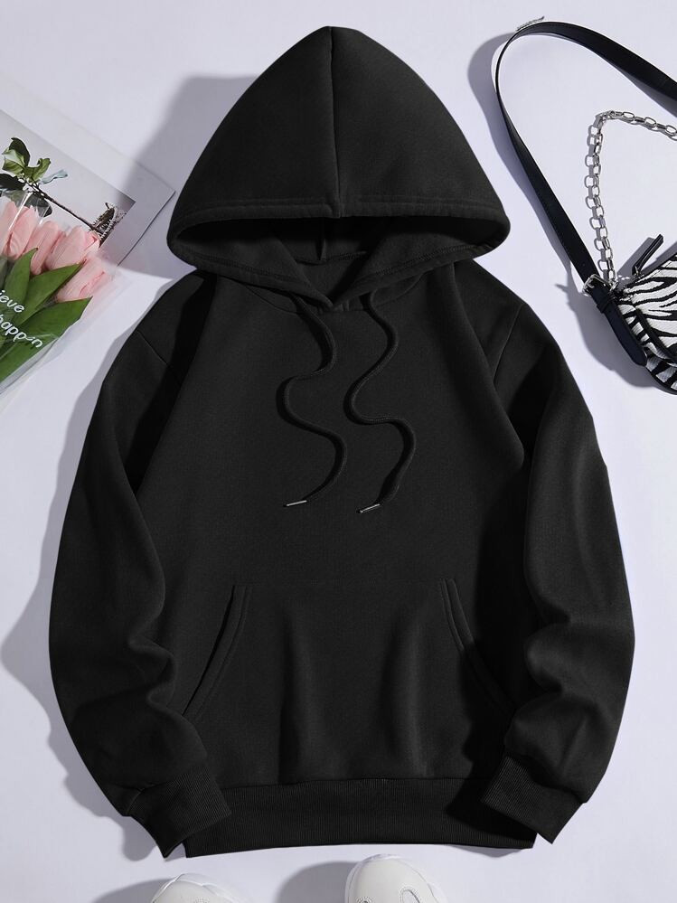 INAWLY Moletom Com Bolso Tipo Canguru Forro Térmico Sólido, Casual Com Cordão Para Primavera/Outono, Bolso, Manga Longa Com Capuz, Caimento Regular, Ombros Caídos, Feminino Cores Preto | SHEIN