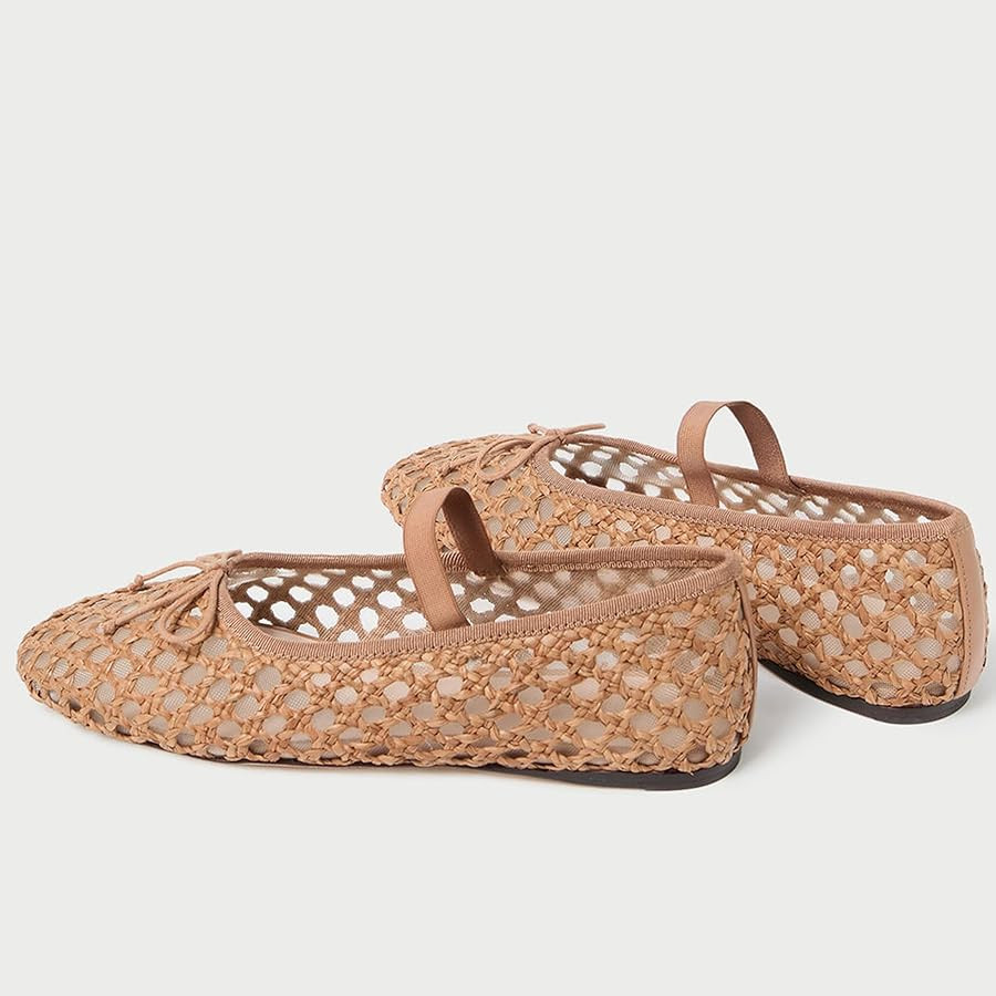 AMINUGAL Raffia Ballet Flats Shoes for Women Mesh Mary Jane Flats Bows Round Toe Ballerina Flats ... | Amazon (US)