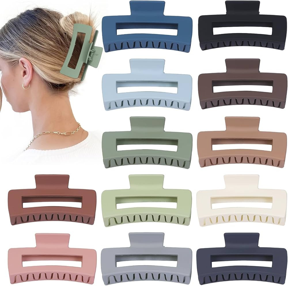 Hair Clip - Claw, 4.1 Inch Extra Large for Thick, Long, Curly Hair, 12 Pcs, 12 Rubber Paint and P... | Amazon (US)