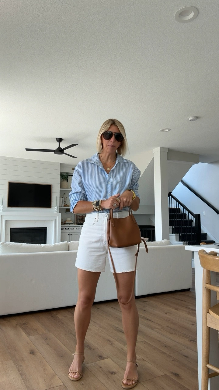 My French girl summer outfit today: classic, long white shorts, button up shirt with the sleeves rolled, nude sandals + handbag + sunglasses 

#LTKFindsUnder50 #LTKOver40 #LTKSeasonal
