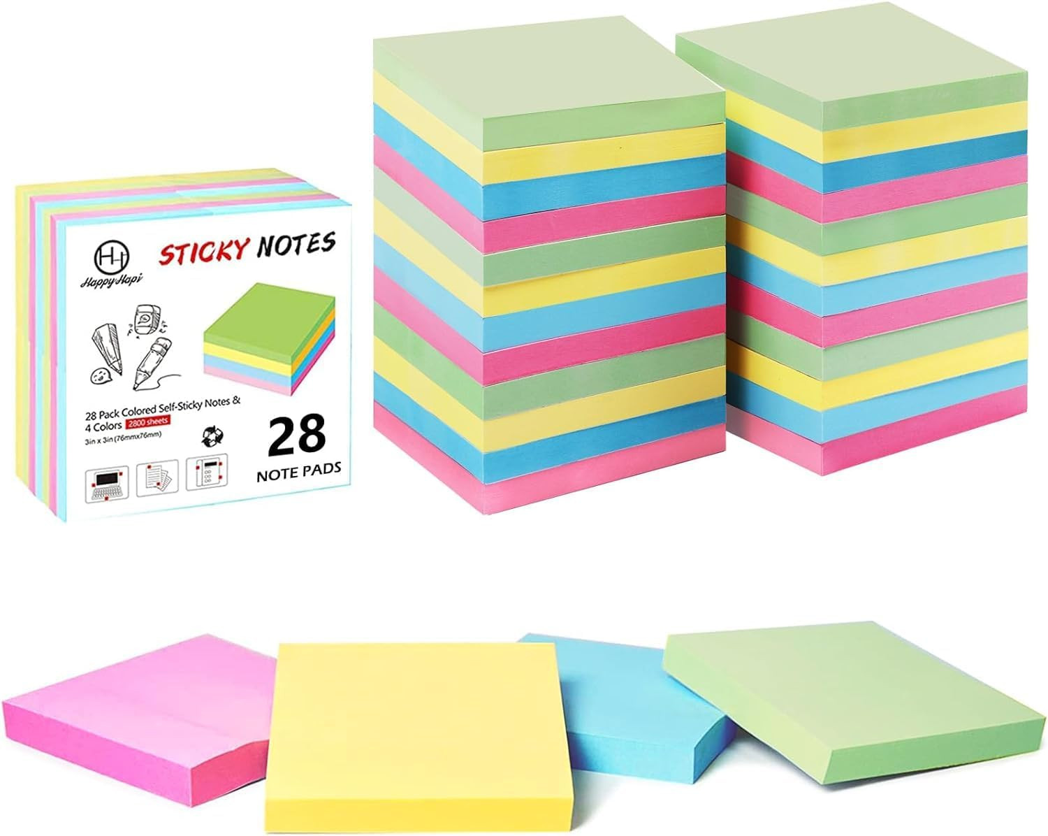 HappyHapi Sticky Notes 3x3 Inches Bulk 28 Pack 2800 Sheets Colored Self-Stick Pads, 100 Sheets/Pa... | Amazon (US)