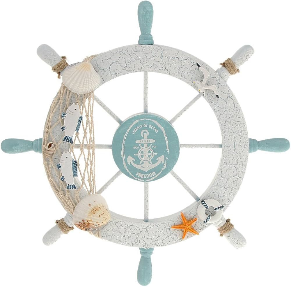 Nautical Beach Wooden Boat Ship Steering Wheel Fishing Net Shell Home Wall Decor White - Fish | Amazon (US)