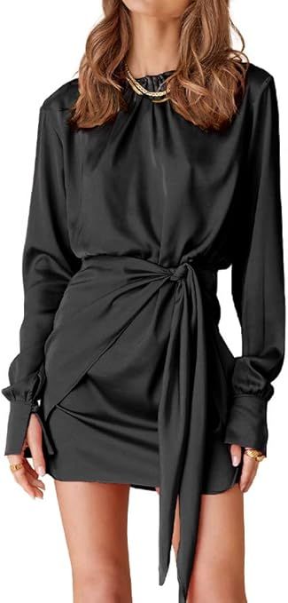 BTFBM Women Casual Long Sleeve Ruched Wrap Dress Crew Neck Tie Waist Short Dress Solid Color Mini... | Amazon (US)