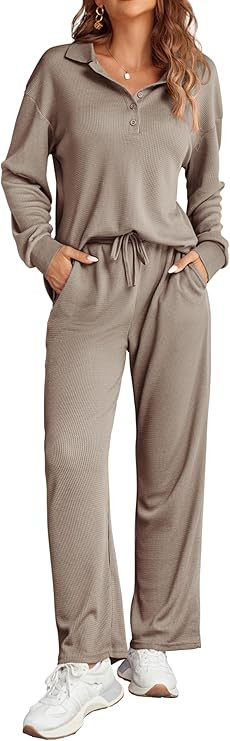 Ekouaer Waffle Knit Pajamas Set for Women 2 Piece Outfits Long Sleeve Button Top and Wide Leg Pan... | Amazon (US)