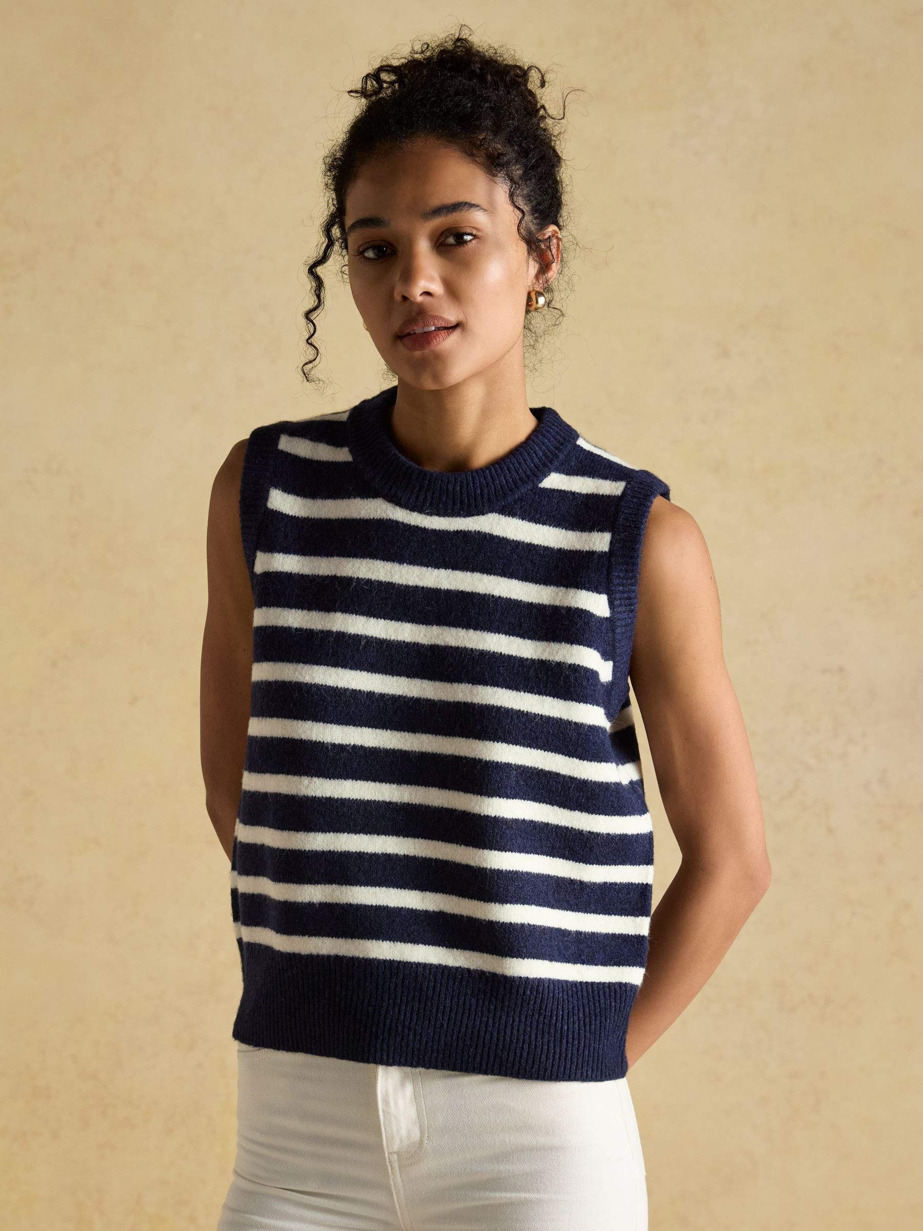 Holly Navy & White Knitted Crew Neck Vest | Joules | Joules
