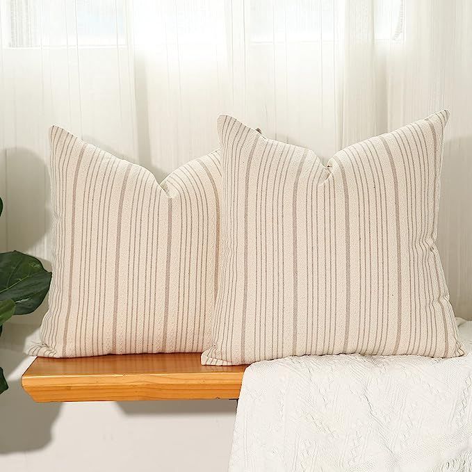 Hckot Modern Farmhouse Throw Pillow Covers 18 x 18 Inch Set of 2 Stripe Textured Linen Khaki and... | Amazon (US)