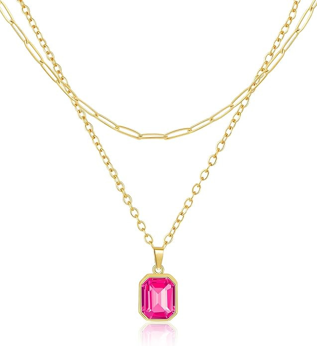 Lourny Gold Layered Crystal Necklace for Women, 18K Gold Plated Choker Emerald Green Dainty Chain... | Amazon (US)