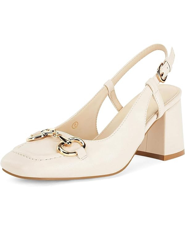 Coutgo Women's Slingback Chunky Block Heels Pumps Square Toe Metal Buckle Party Dress Work Shoes | Amazon (US)