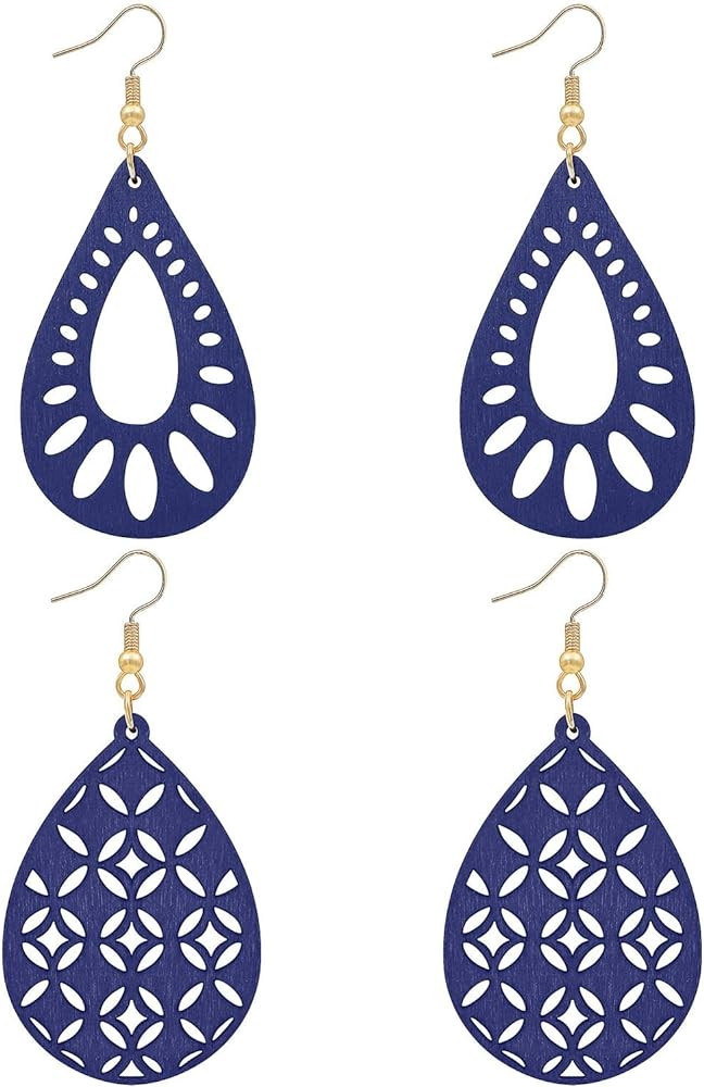 Wood Teardrop Earrings 2 Pairs Natural Wooden Dangle Earrings Gifts for Women Girls | Amazon (US)
