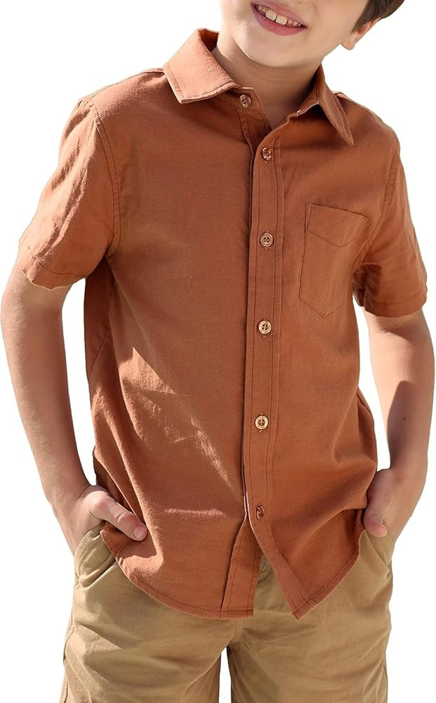Boys' Long Sleeve Dress Shirts Classic Collared Button-Down Tshirt Solid Cotton Top with Chest Po... | Amazon (US)