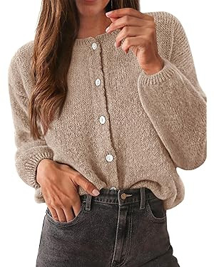 KIRUNDO Women’s Cardigans Casual Loose Button Up Long Sleeve Crewneck Knit Cardigan Sweaters Op... | Amazon (US)