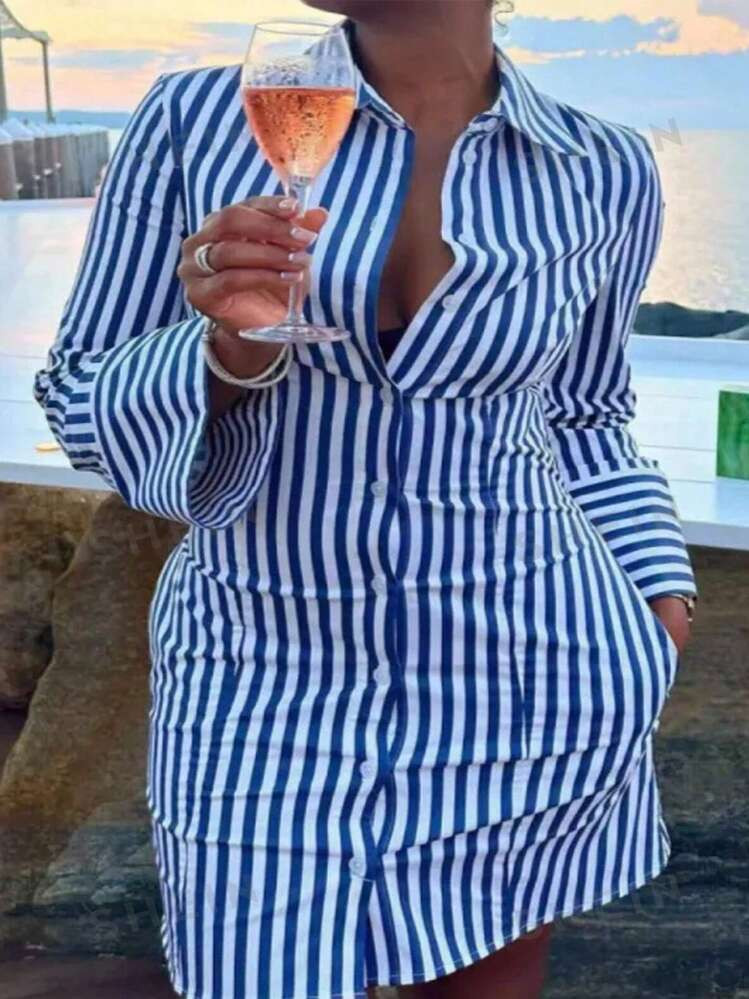 Blue and White Striped Long Sleeve Shirt Dress | SHEIN