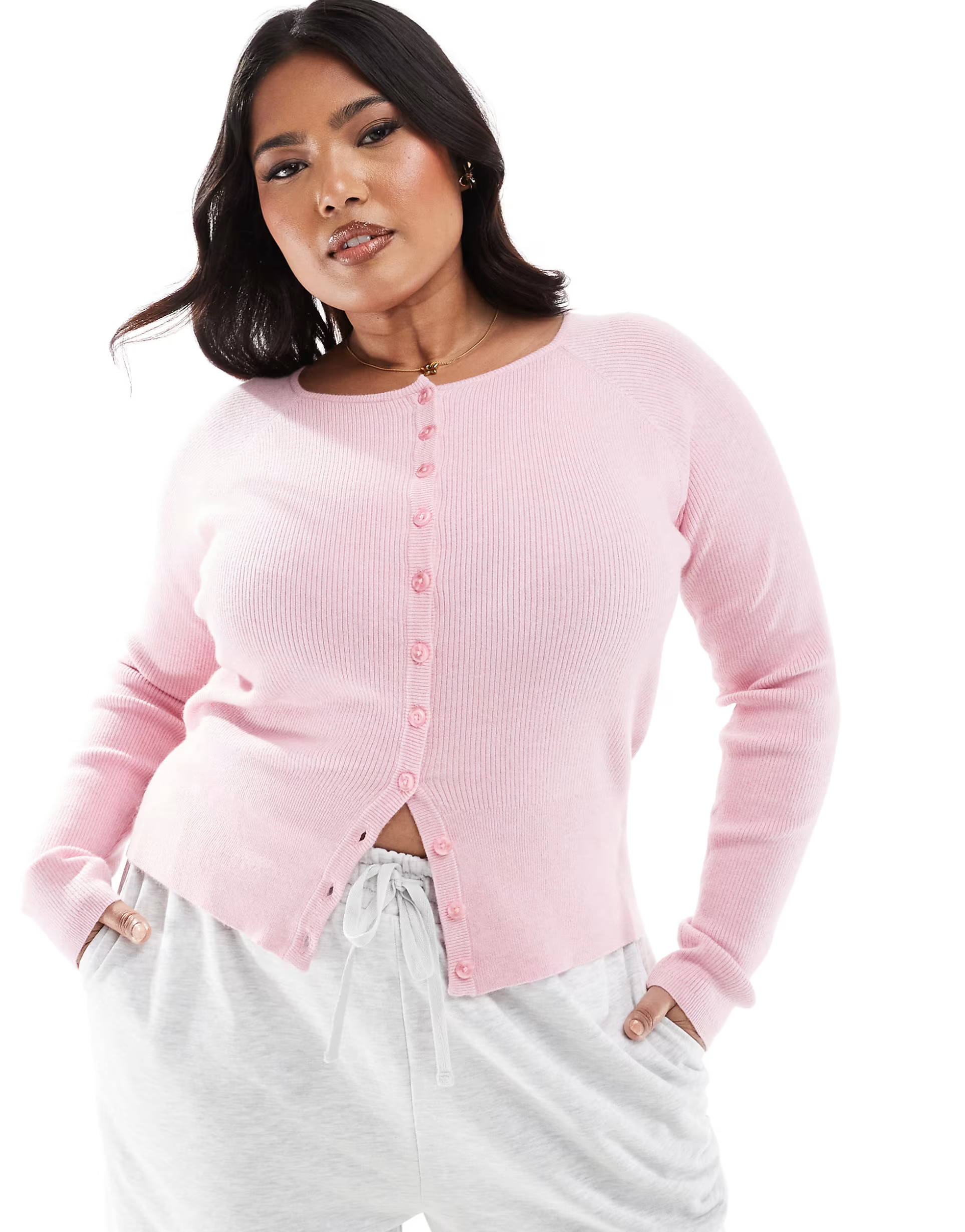 ASOS DESIGN Curve fitted ribbed cardigan in pink | ASOS | ASOS (Global)