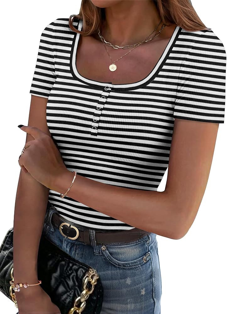 Zeagoo Womens Summer Tops Short Sleeve Shirts Ribbed Knit Square Neck Tshirt Casual Basic Slim Te... | Amazon (US)