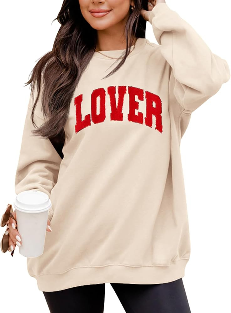 LETSEE Womens Valentines Crewneck Sweatshirt LOVER Letter Chenille Patch Long Sleeve Pullover Top... | Amazon (US)