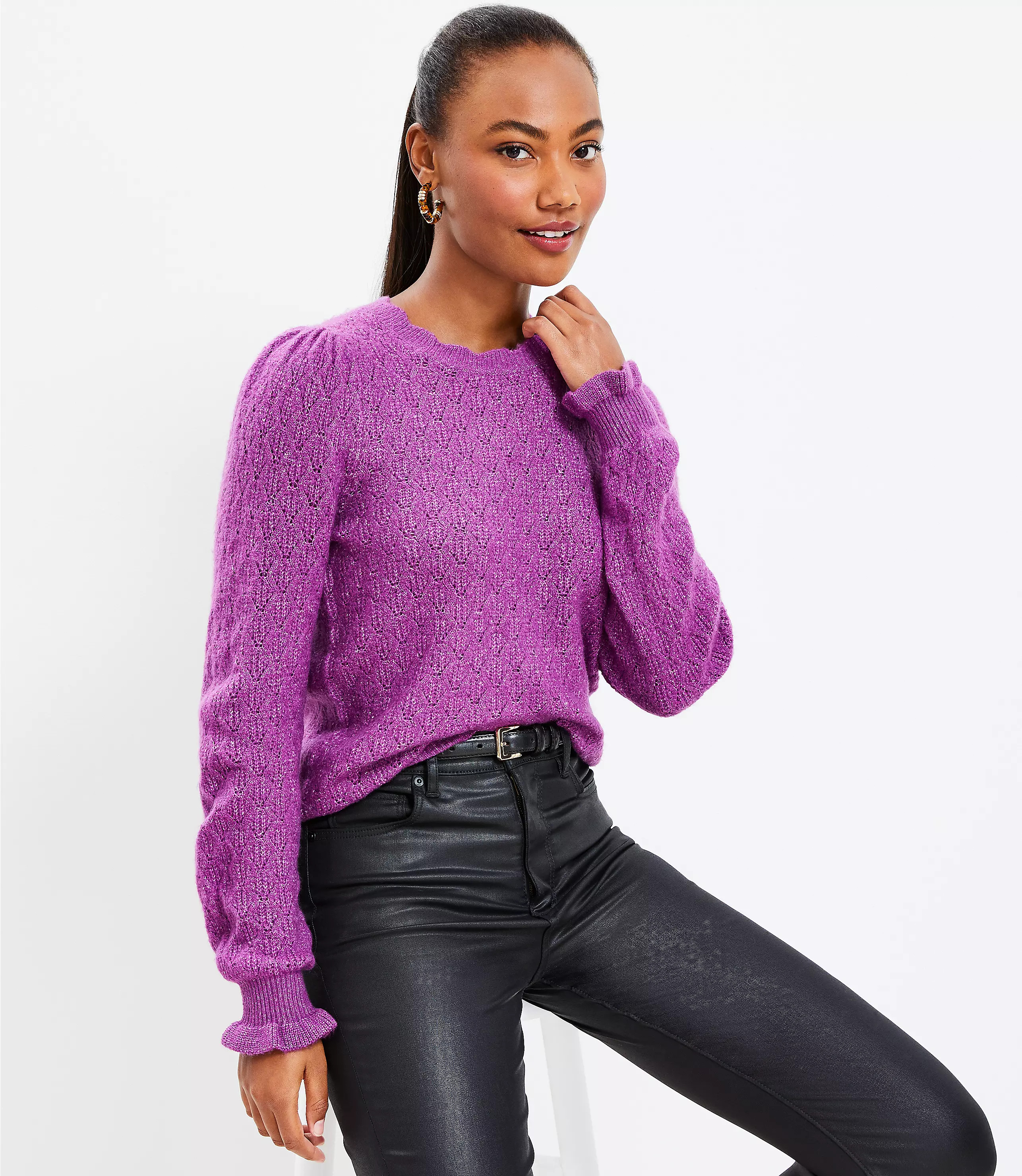 Scalloped Neck Pointelle Sweater | LOFT