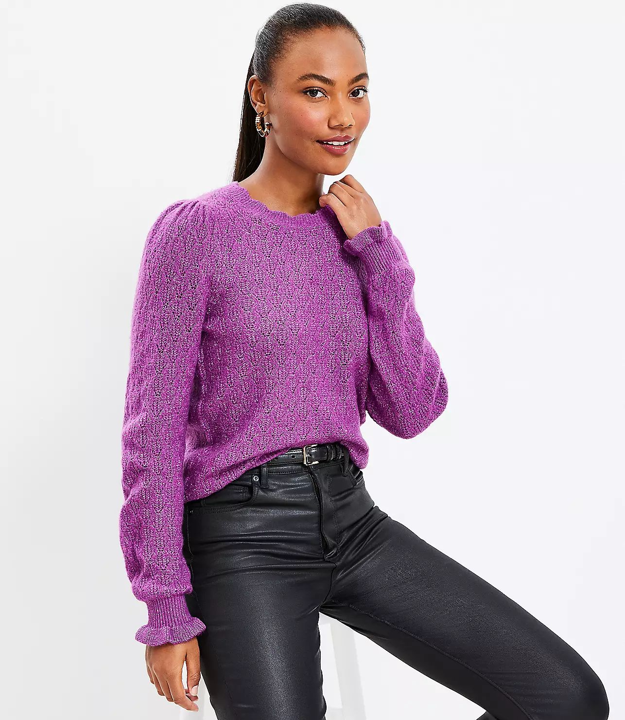 Scalloped Neck Pointelle Sweater | LOFT