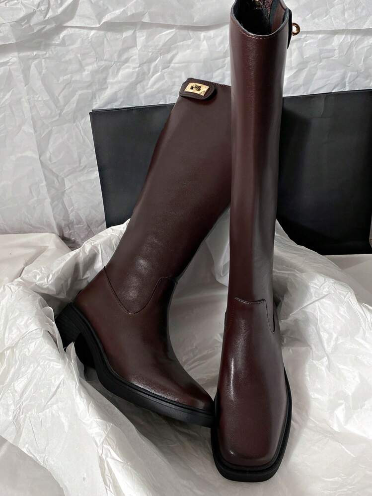 Fall/Winter New Mid-Heel Knee-High Boots, Leather Motorcycle Riding Boots, Versatile Design For Women. [Recommend Ordering One Size Up When Wearing Thick Socks] | SHEIN