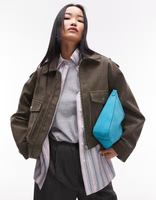 Topshop cropped faux suede bomber jacket with popper details in khaki | ASOS | ASOS (Global)