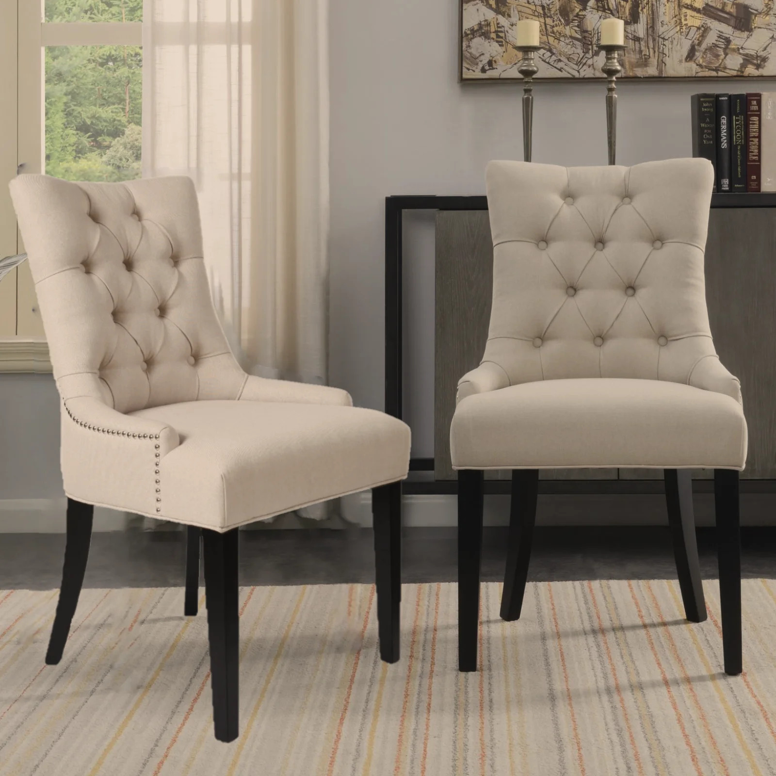 DEPUS Dining Chairs Set of 2, Leisure Padded Chairs with Solid Wooden Legs, Nailheads Trim, Beige | Walmart (US)