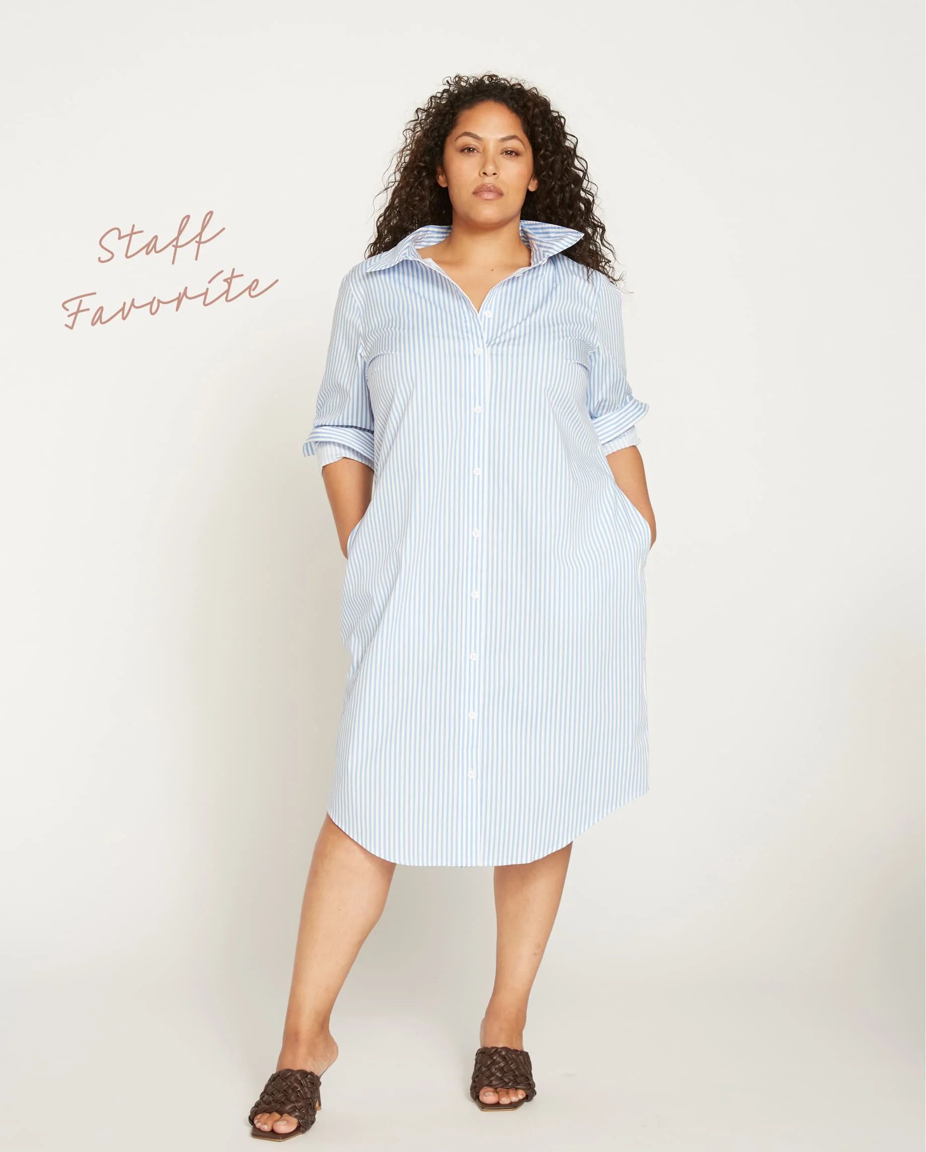Long Sleeve Stretch Poplin Shirtdress - Blue/White Stripe | Universal Standard