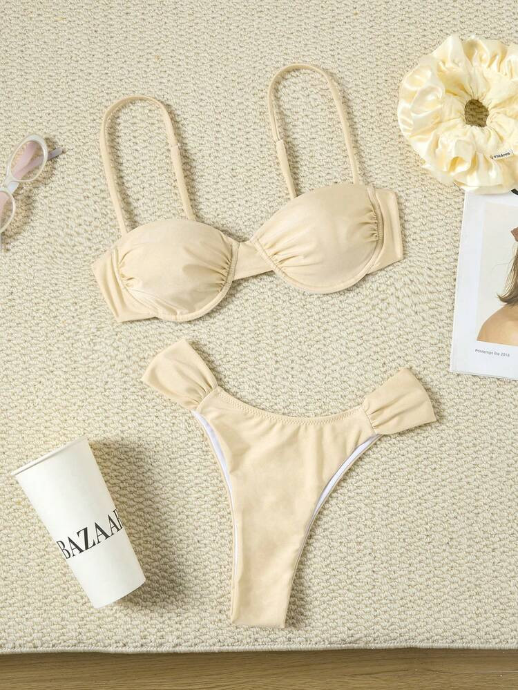 New Euro-American Style Solid Color Vacation Bikini Set Beach Summer | SHEIN