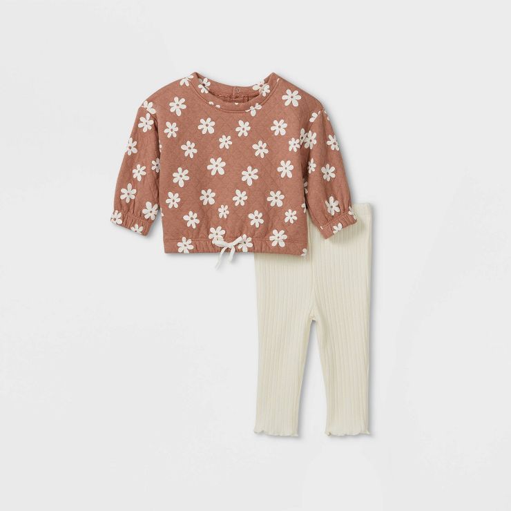 Grayson Collective Baby Girls' Cozy Daisy Quilted Pullover & Leggings Set - Brown | Target