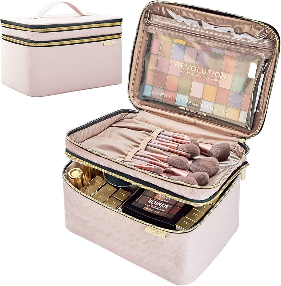 NISHEL Double Layer Travel Makeup Bag, Large Cosmetic Case Organizer Fits Bottles Vertically, Top... | Amazon (US)